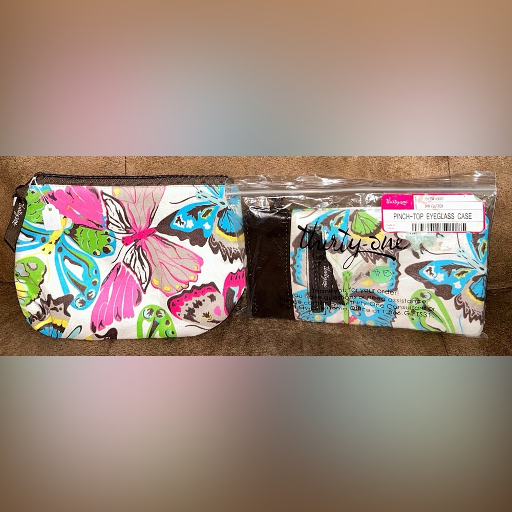 Thirty-One Brand Butterfly Print Makeup Pouch/ Sunglass, Eyeglass Matching Set